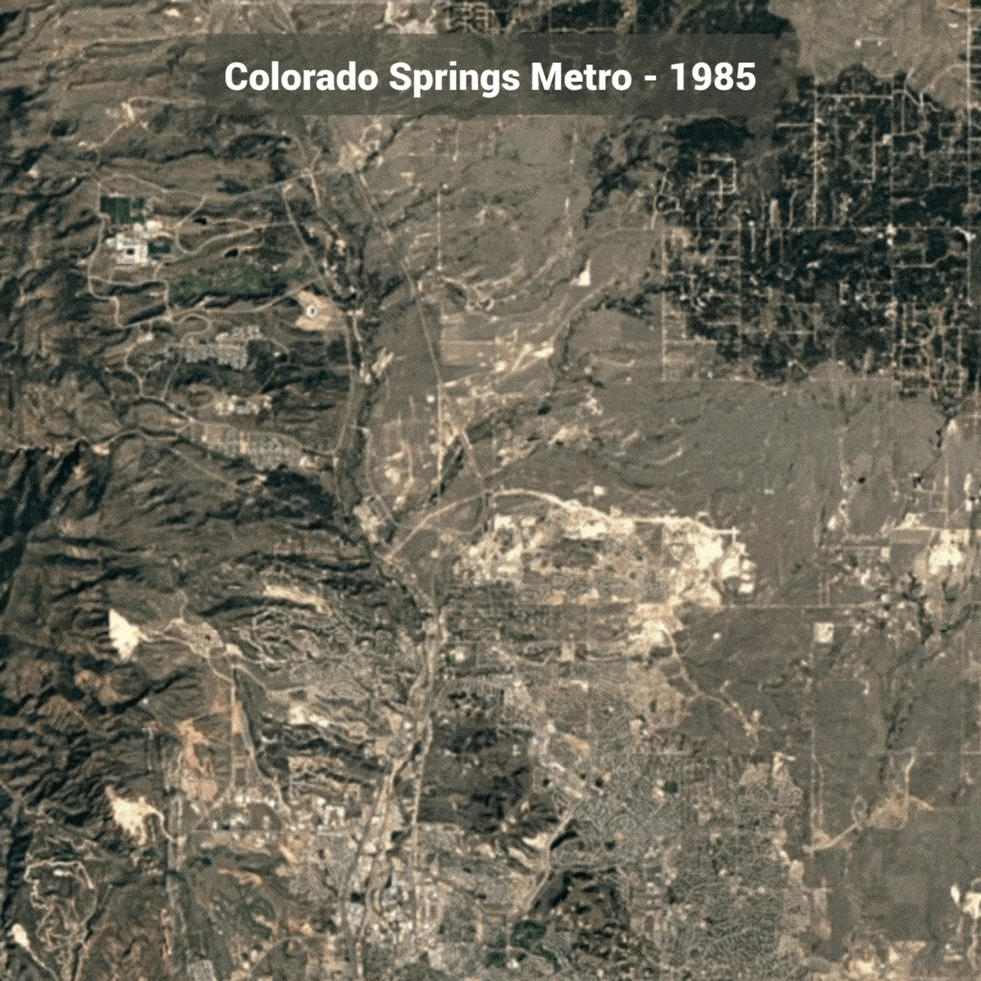 Gif showing urban sprawl in the Colorado Springs Metro Area from 1985 to today.